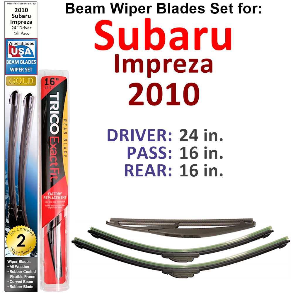 Set of 3 Beam Wiper Blades designed for 2010 Subaru Impreza, showcasing their flexible and durable design.