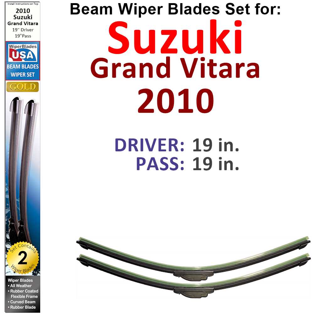 Set of two Beam Wiper Blades designed for 2010 Suzuki Grand Vitara, showcasing their flexible and durable construction.