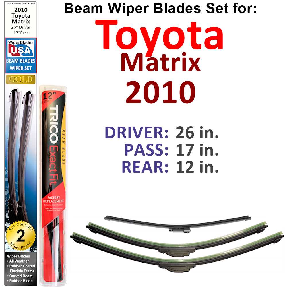 Set of 3 Beam Wiper Blades designed for 2010 Toyota Matrix, showcasing their flexible and durable construction.