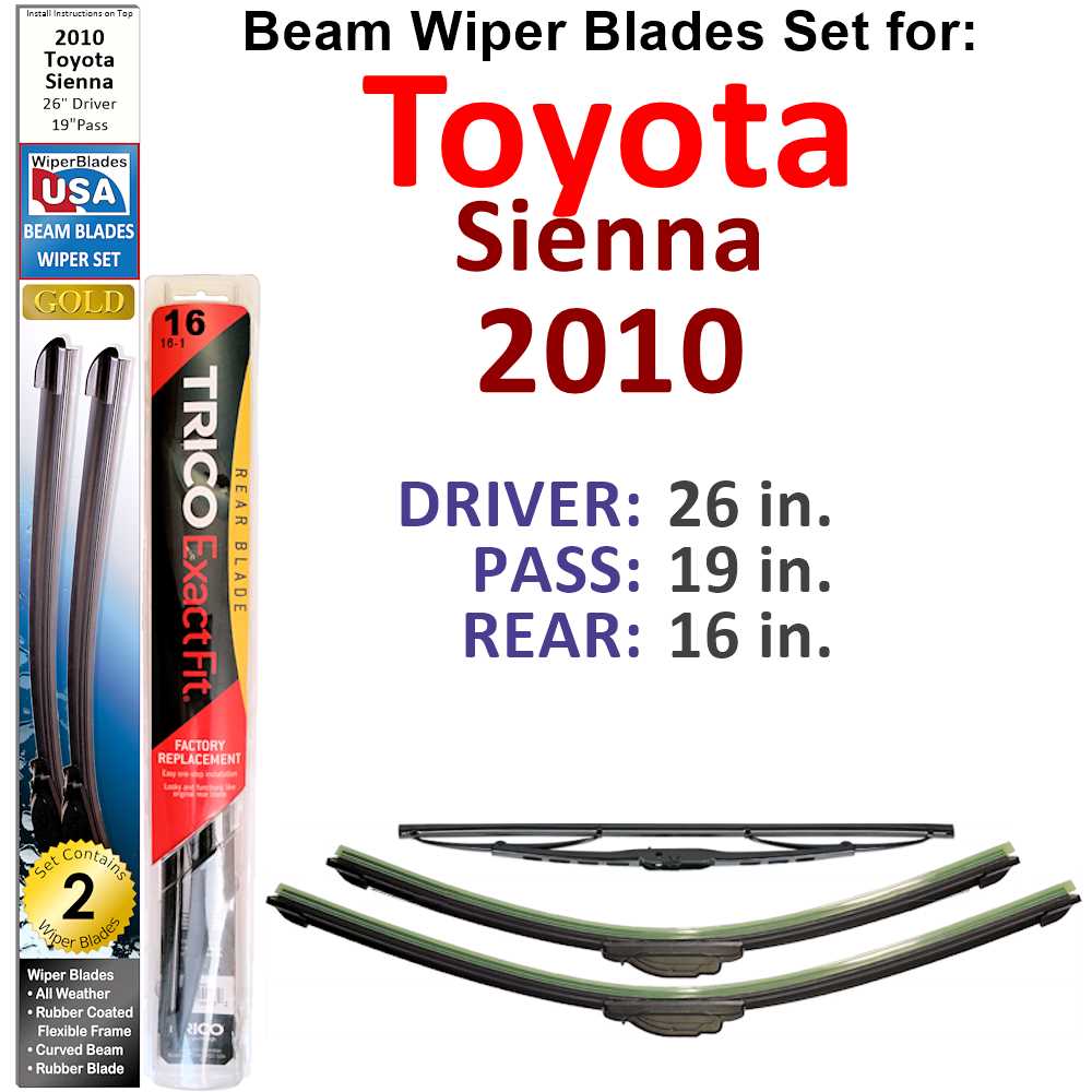 Set of 3 Beam Wiper Blades designed for 2010 Toyota Sienna, showcasing their flexible and durable construction.