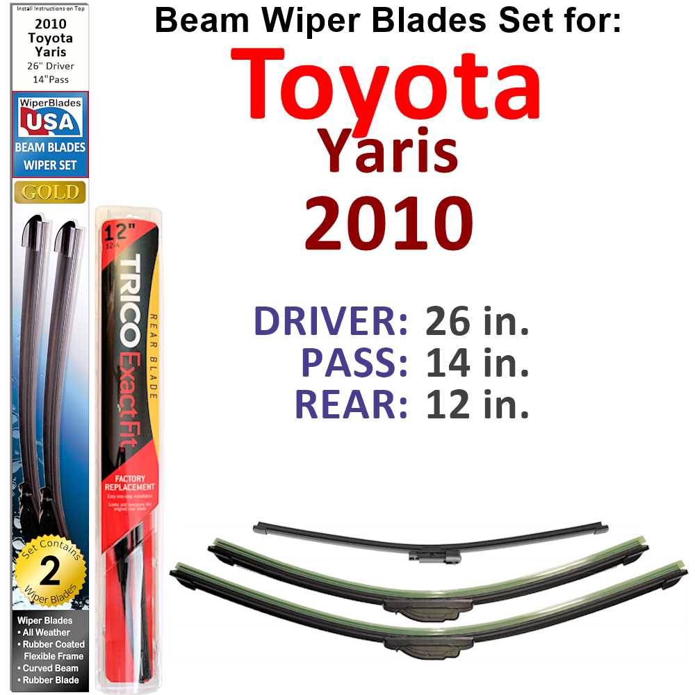 Set of 3 Beam Wiper Blades designed for 2010 Toyota Yaris, showcasing their flexible and durable construction.