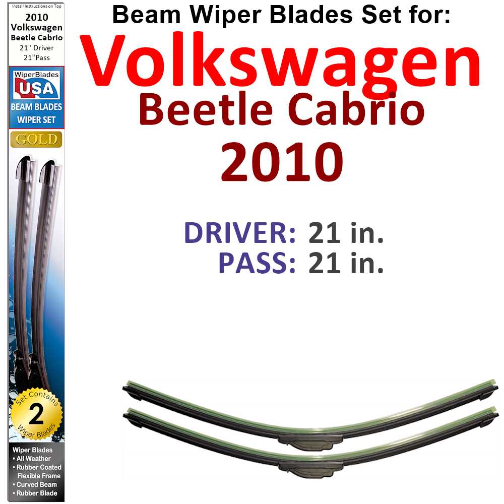 Set of 2 Beam Wiper Blades designed for 2010 Volkswagen Beetle Cabrio, showcasing their flexible and durable construction.