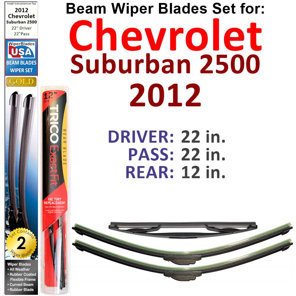 Set of 3 Beam Wiper Blades designed for 2012 Chevrolet Suburban 2500, showcasing their flexible and durable construction.