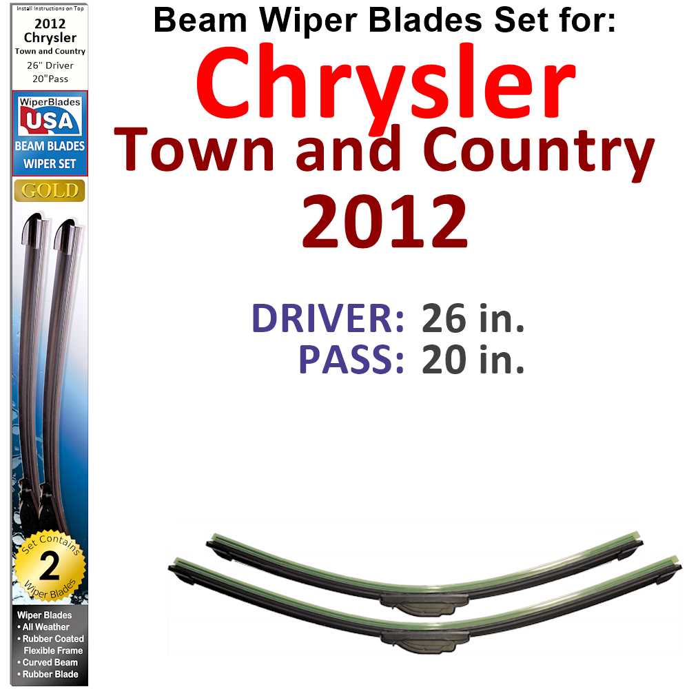 Set of 2 Beam Wiper Blades designed for 2012 Chrysler Town and Country, showcasing their flexible and durable design.