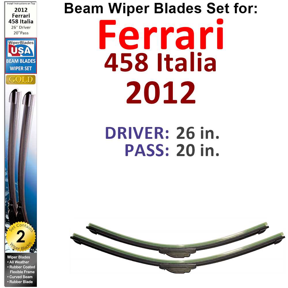 Set of two Beam Wiper Blades designed for 2012 Ferrari 458 Italia, showcasing their sleek design and durable construction.