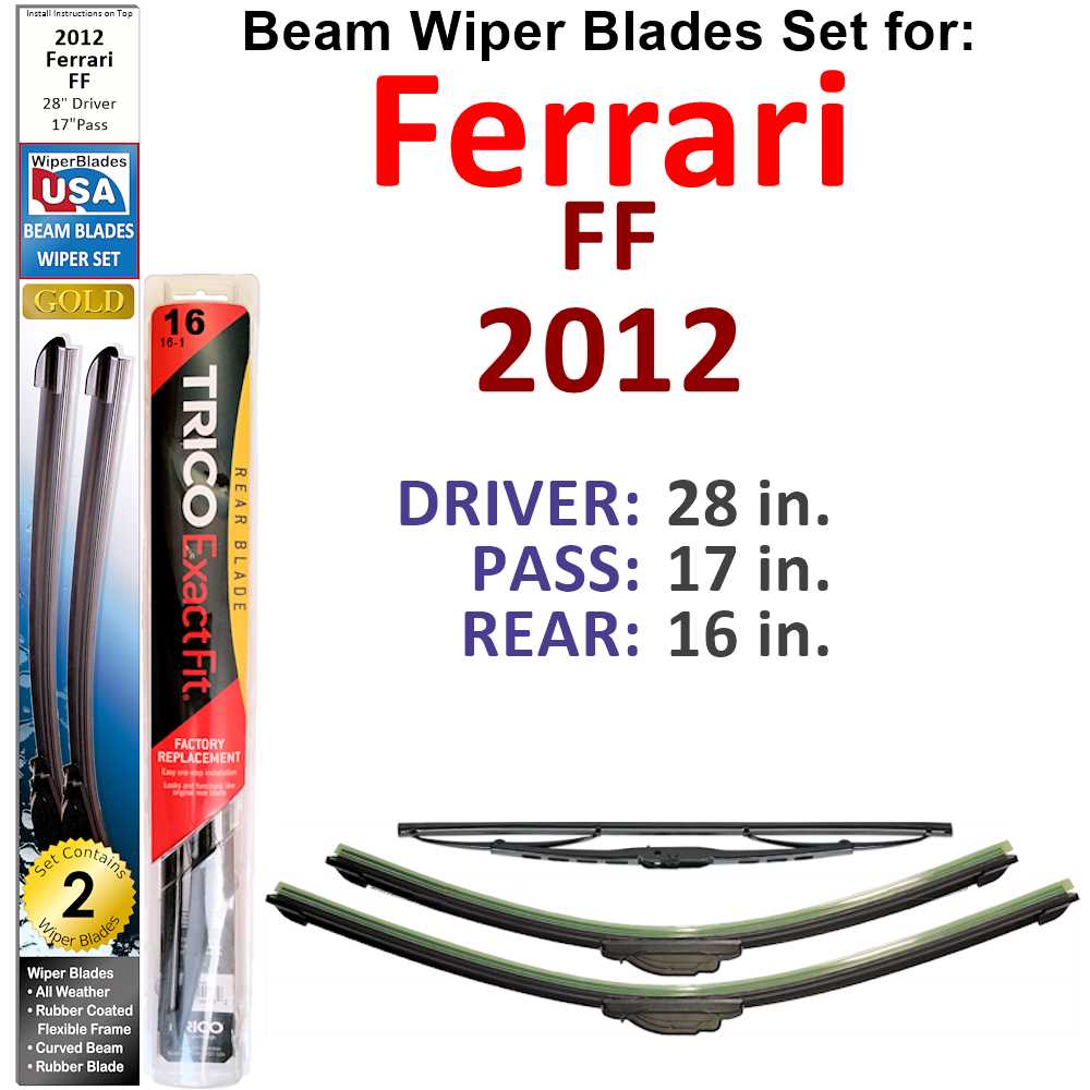 Set of 3 Beam Wiper Blades specifically designed for 2012 Ferrari FF, showcasing their sleek design and durable construction.