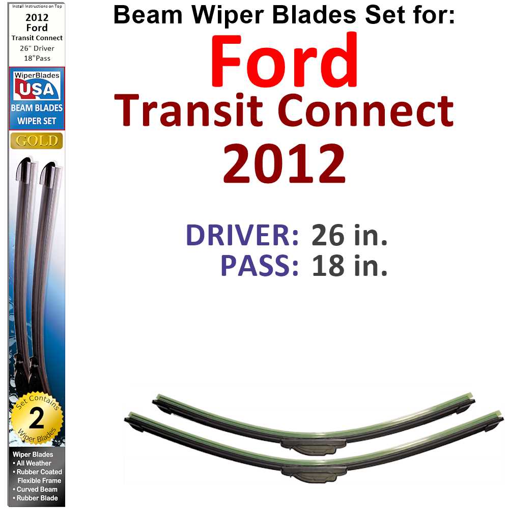 Set of 2 Beam Wiper Blades designed for 2012 Ford Transit Connect, showcasing their flexible and durable design.