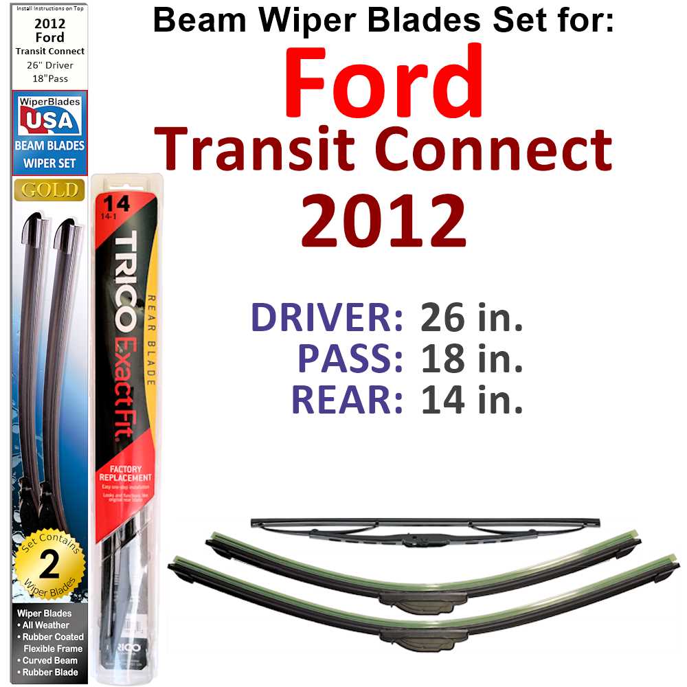 Set of 3 Beam Wiper Blades designed for 2012 Ford Transit Connect, showcasing their flexible and durable design.