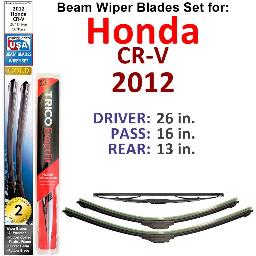 Set of 3 Beam Wiper Blades designed for 2012 Honda CR-V, showcasing their flexible and durable construction.