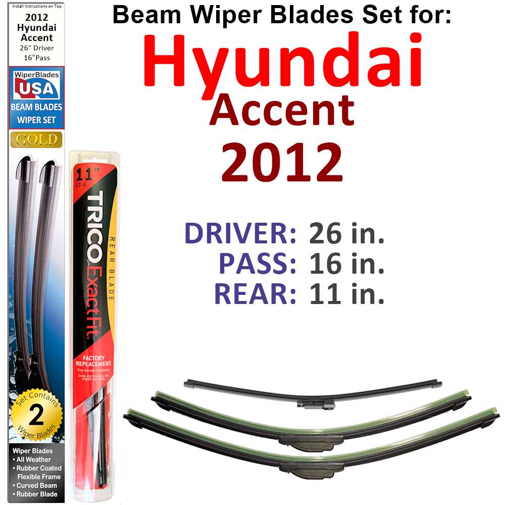 Set of 3 Beam Wiper Blades designed for 2012 Hyundai Accent, showcasing their flexible and durable design.