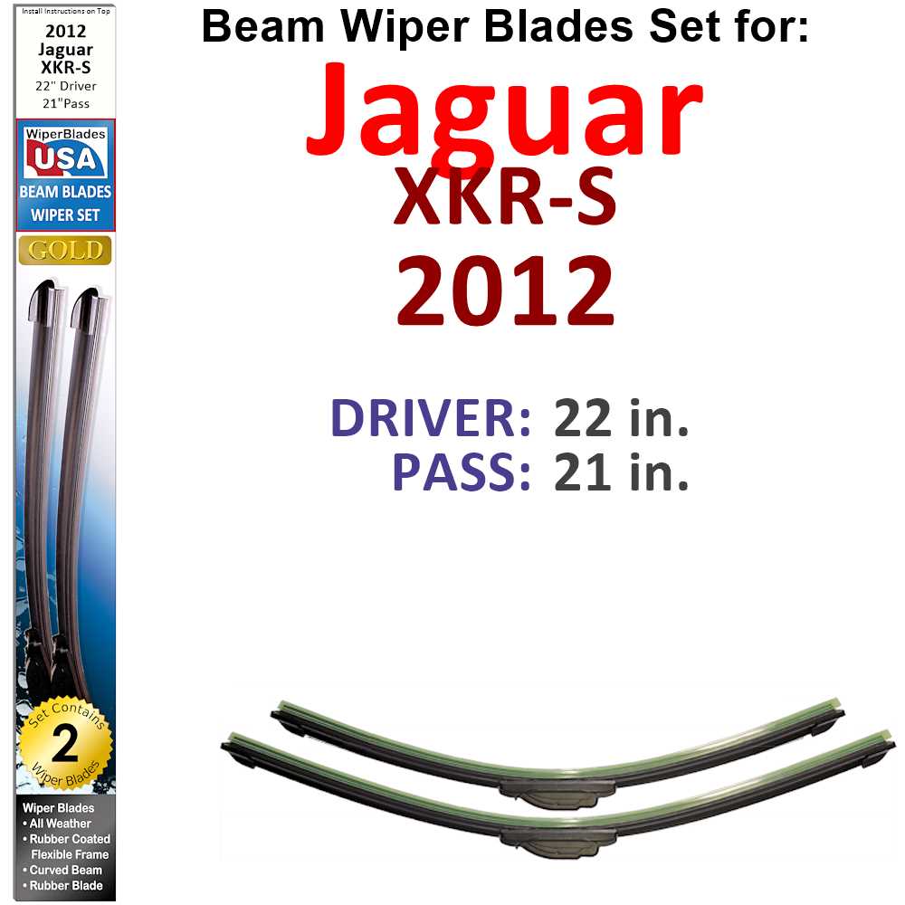 Set of two Beam Wiper Blades designed for 2012 Jaguar XKR-S, showcasing their sleek low-profile design and durable rubber construction.