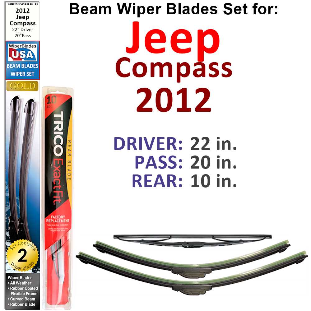 Set of 3 Beam Wiper Blades designed for 2012 Jeep Compass, showcasing their flexible and sealed construction for optimal performance.