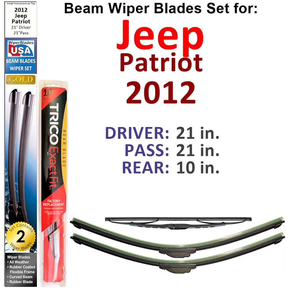 Set of 3 Beam Wiper Blades designed for 2012 Jeep Patriot, showcasing their flexible and sealed construction for optimal performance.