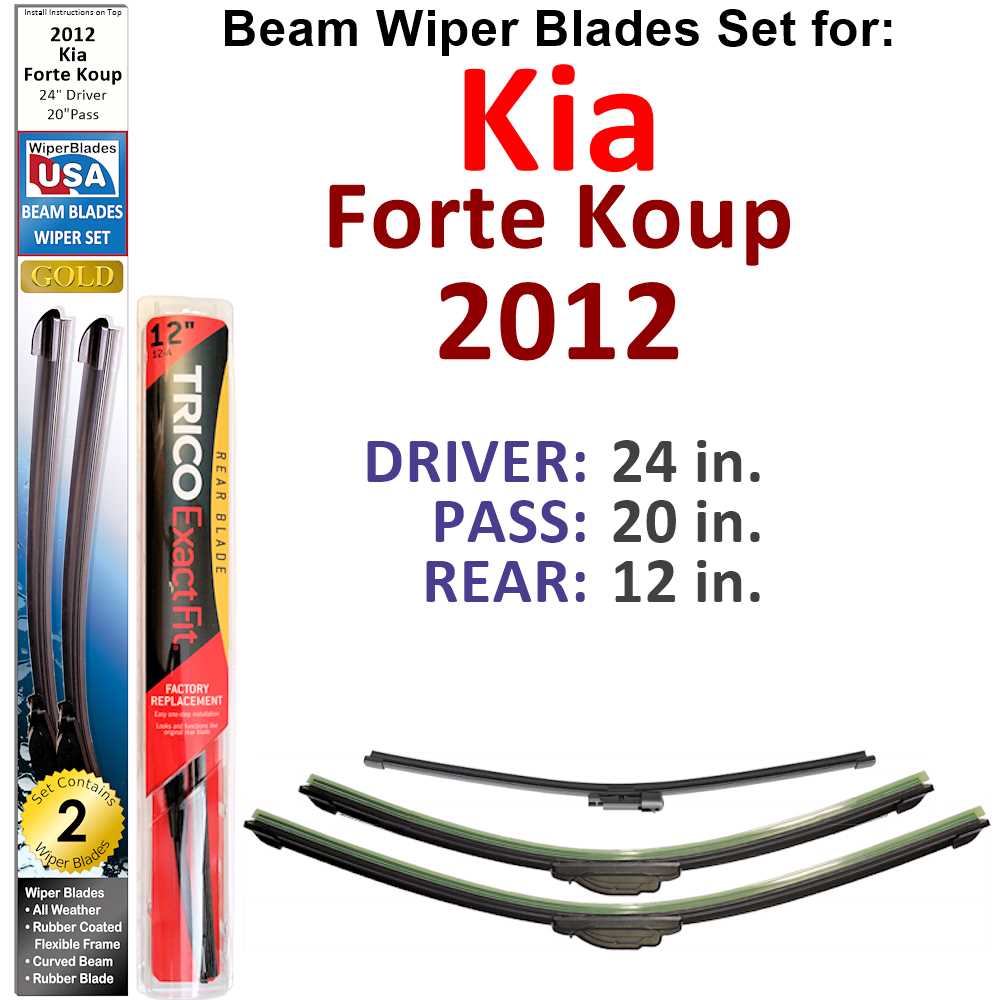 Set of 3 Beam Wiper Blades designed for 2012 Kia Forte Koup, showcasing their flexible and low-profile design.