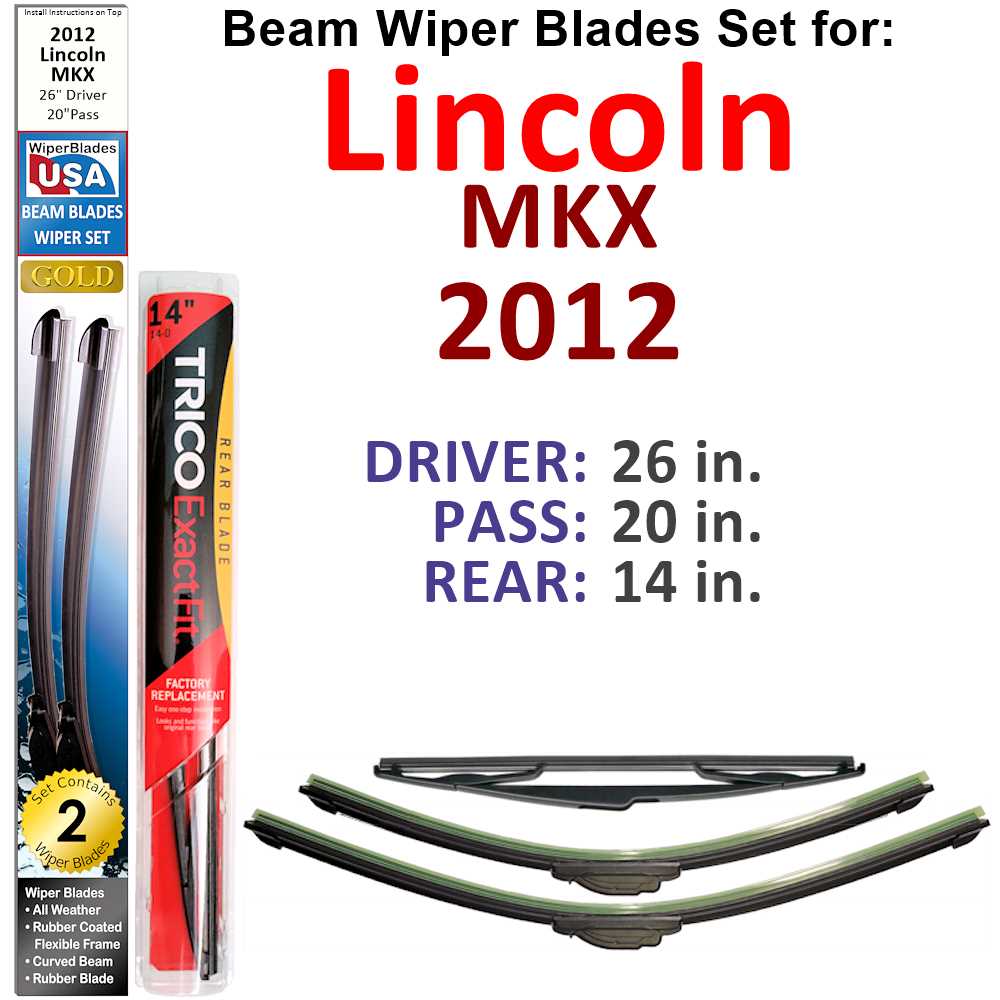 Set of 3 Beam Wiper Blades designed for 2012 Lincoln MKX, showcasing their flexible and sealed construction for optimal performance.