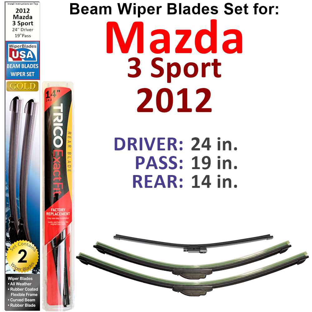 Set of 3 Beam Wiper Blades designed for 2012 Mazda 3 Sport, showcasing their flexible and durable construction.