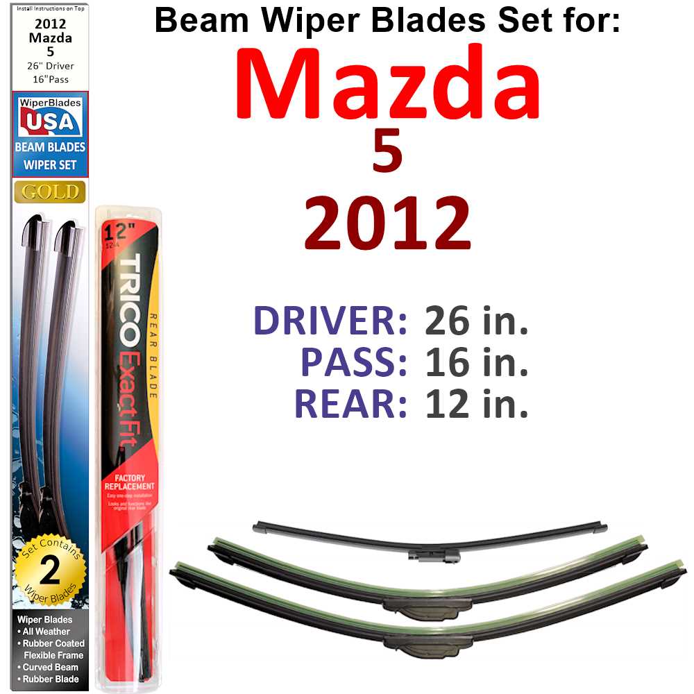 Set of 3 Beam Wiper Blades designed for 2012 Mazda 5, showcasing their flexible and durable design.