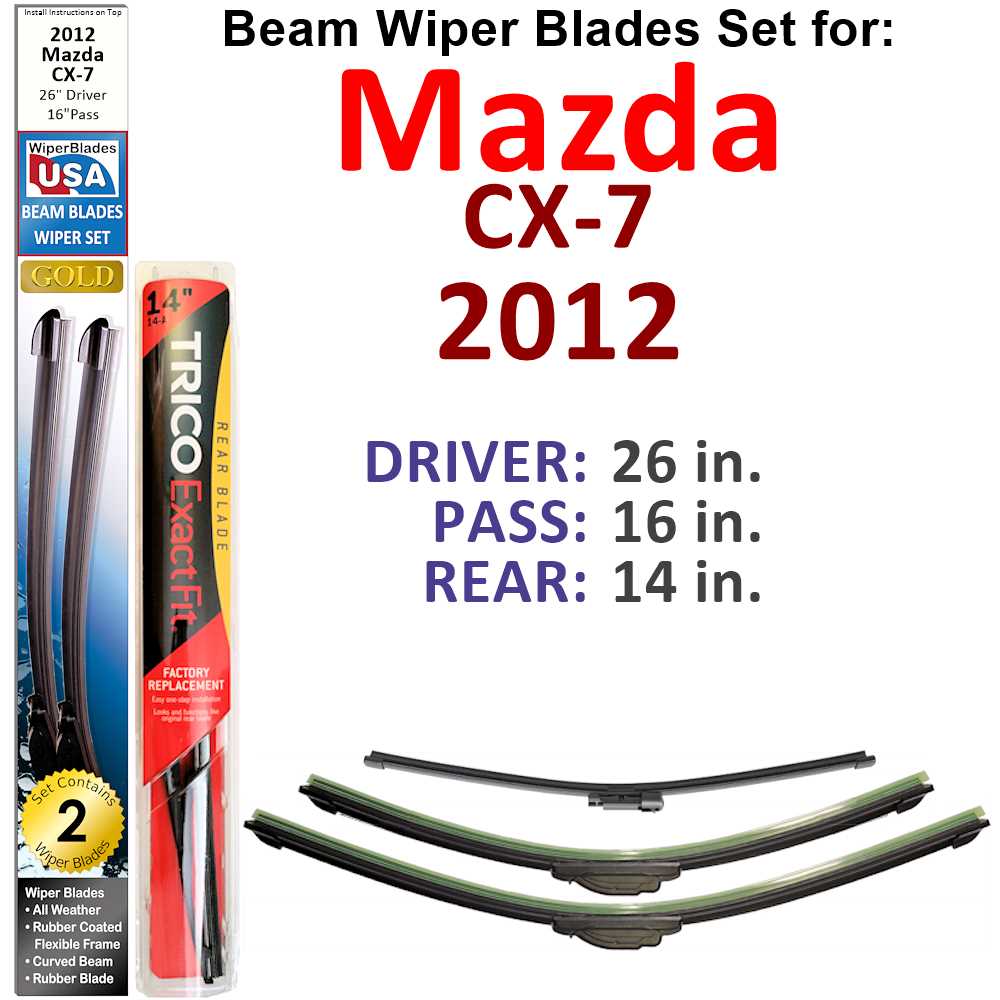 Set of 3 Beam Wiper Blades designed for 2012 Mazda CX-7, showcasing their flexible and durable construction.