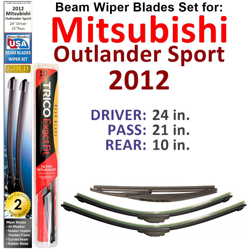 Set of 3 Beam Wiper Blades for 2012 Mitsubishi Outlander Sport, showcasing their sleek design and durable construction.