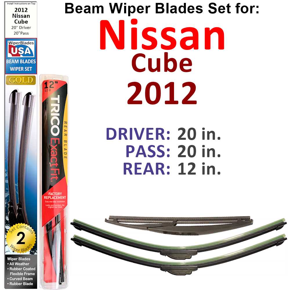 Set of 3 Beam Wiper Blades designed for 2012 Nissan Cube, showcasing their flexible and low-profile design.