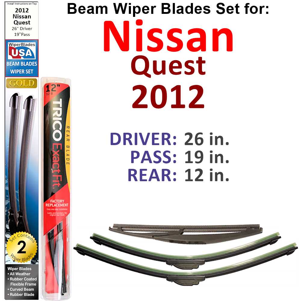 Set of 3 Beam Wiper Blades designed for 2012 Nissan Quest, showcasing their flexible and durable construction.