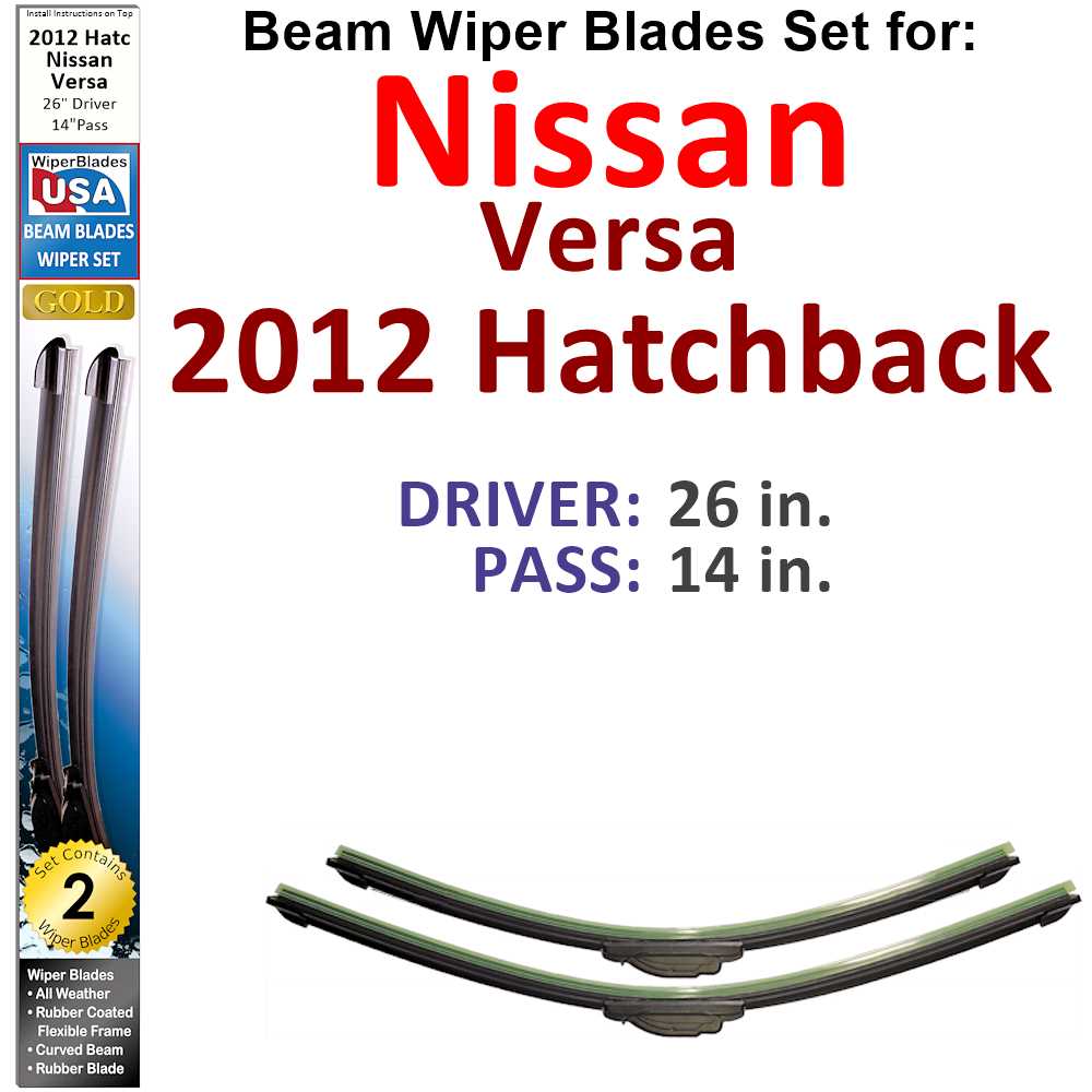 Set of two Beam Wiper Blades designed for 2012 Nissan Versa Hatchback, showcasing their flexible and durable construction.