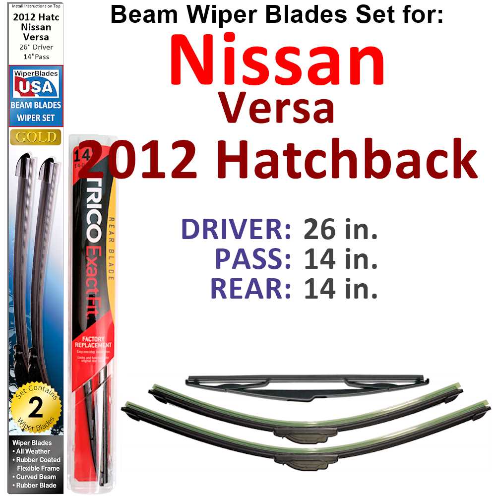 Set of 3 Beam Wiper Blades designed for 2012 Nissan Versa Hatchback, showcasing their flexible and durable construction.