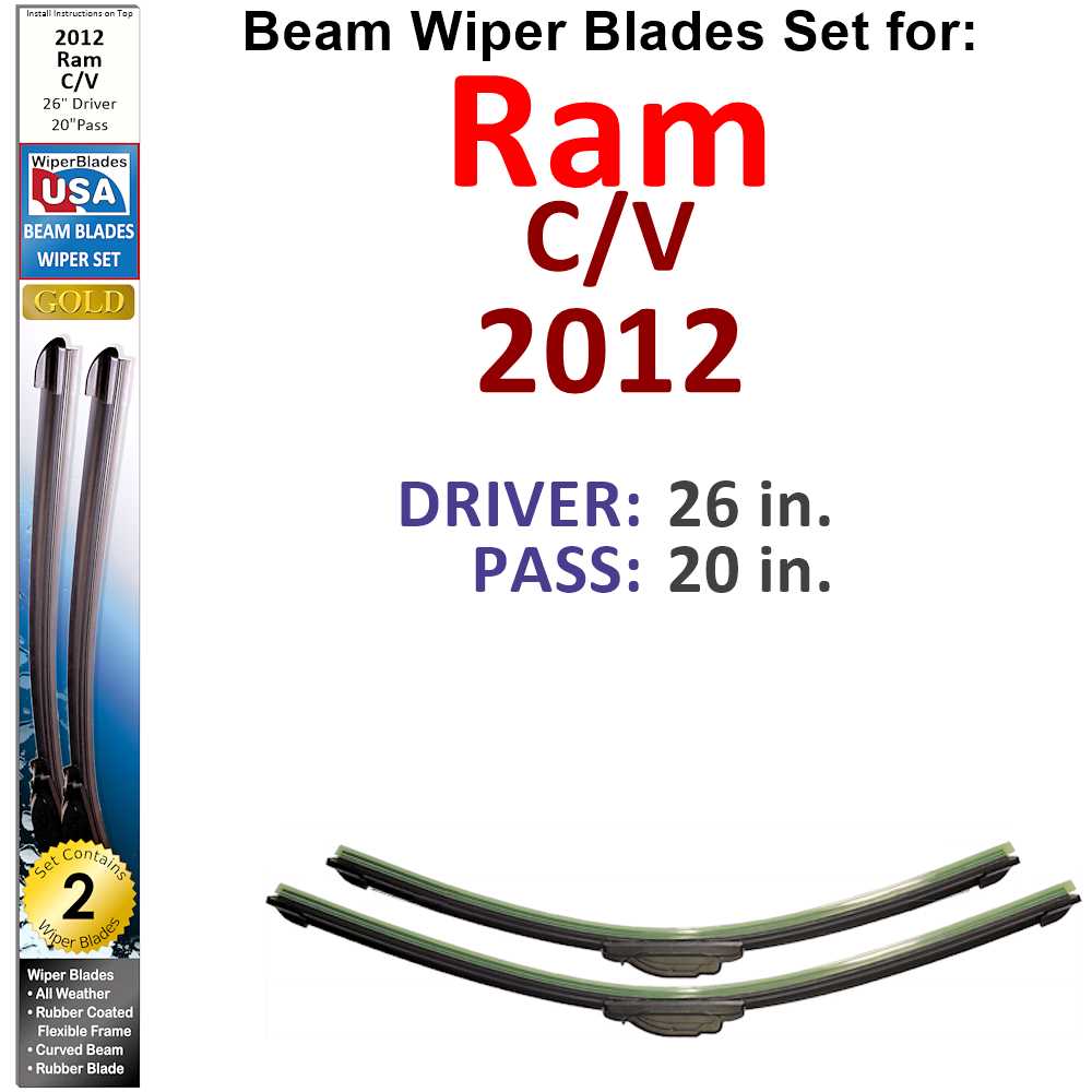 Set of two Beam Wiper Blades designed for 2012 Ram C/V, showcasing their flexible and durable construction.