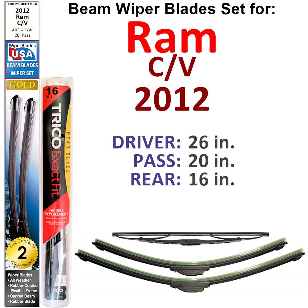 Set of 3 Beam Wiper Blades designed for 2012 Ram C/V, showcasing their flexible and durable design for optimal windshield cleaning.