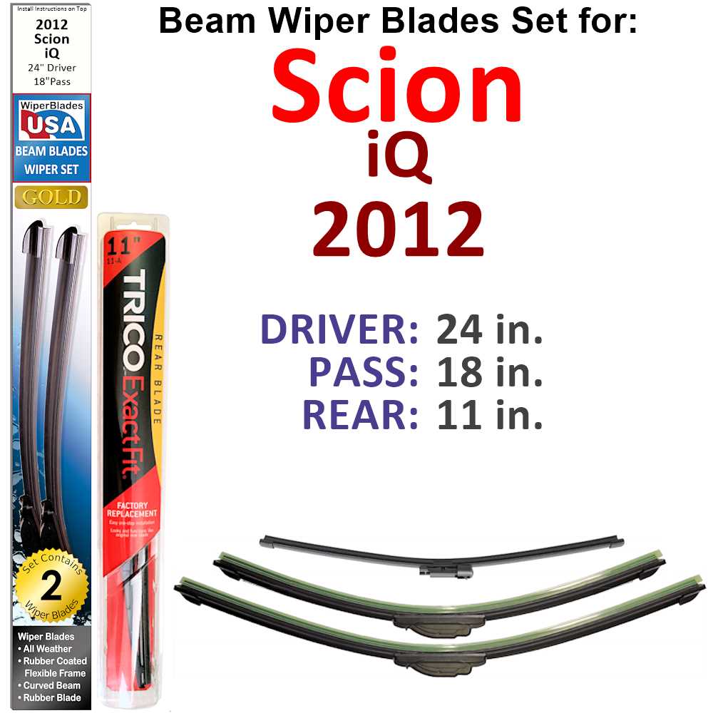 Set of 3 Beam Wiper Blades designed for 2012 Scion iQ, showcasing their flexible and durable construction.