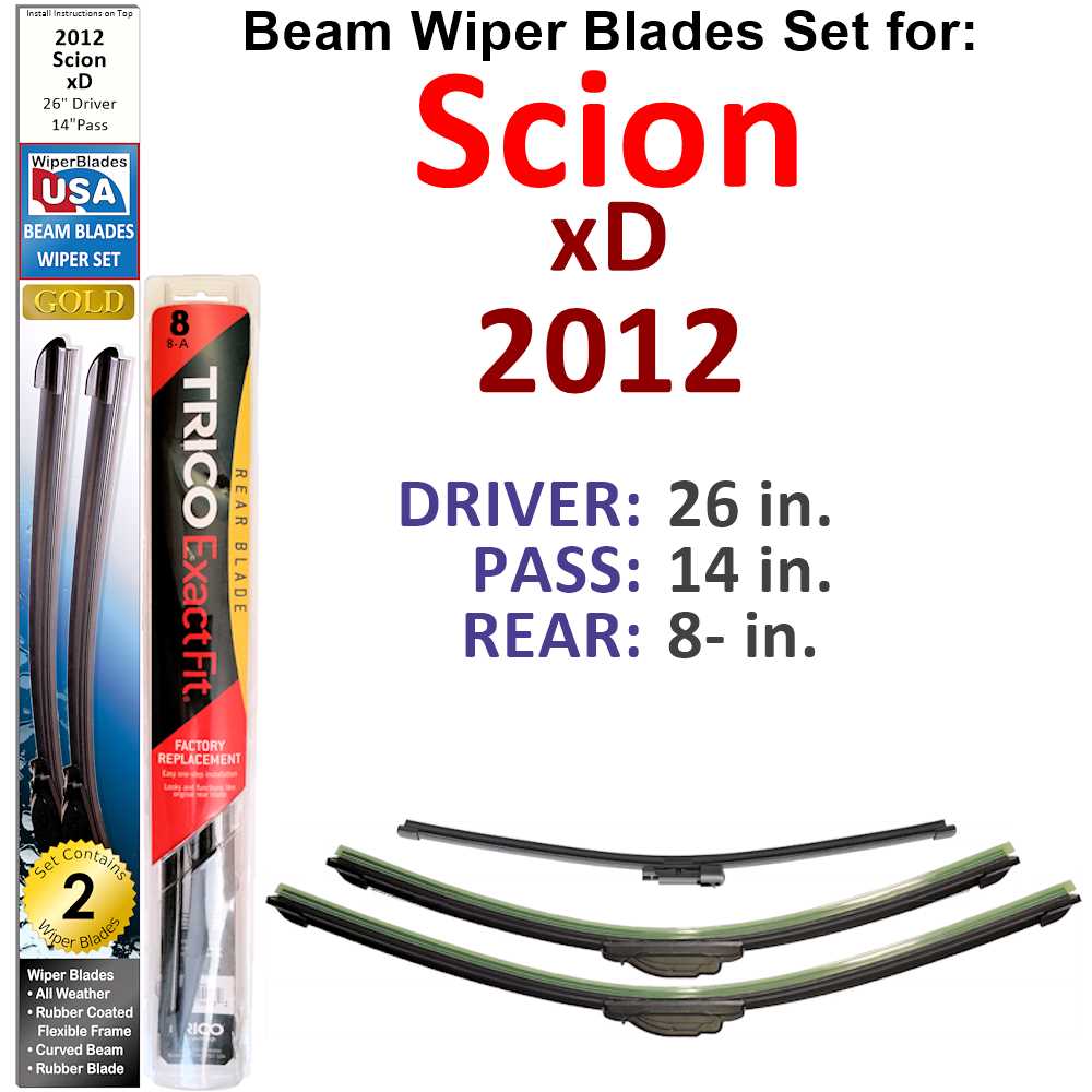 Set of Beam Wiper Blades designed for 2012 Scion xD, showcasing their flexible and durable construction.