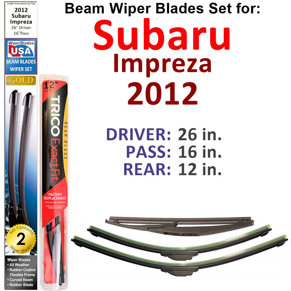 Set of 3 Beam Wiper Blades designed for 2012 Subaru Impreza Base, showcasing their flexible and durable construction.