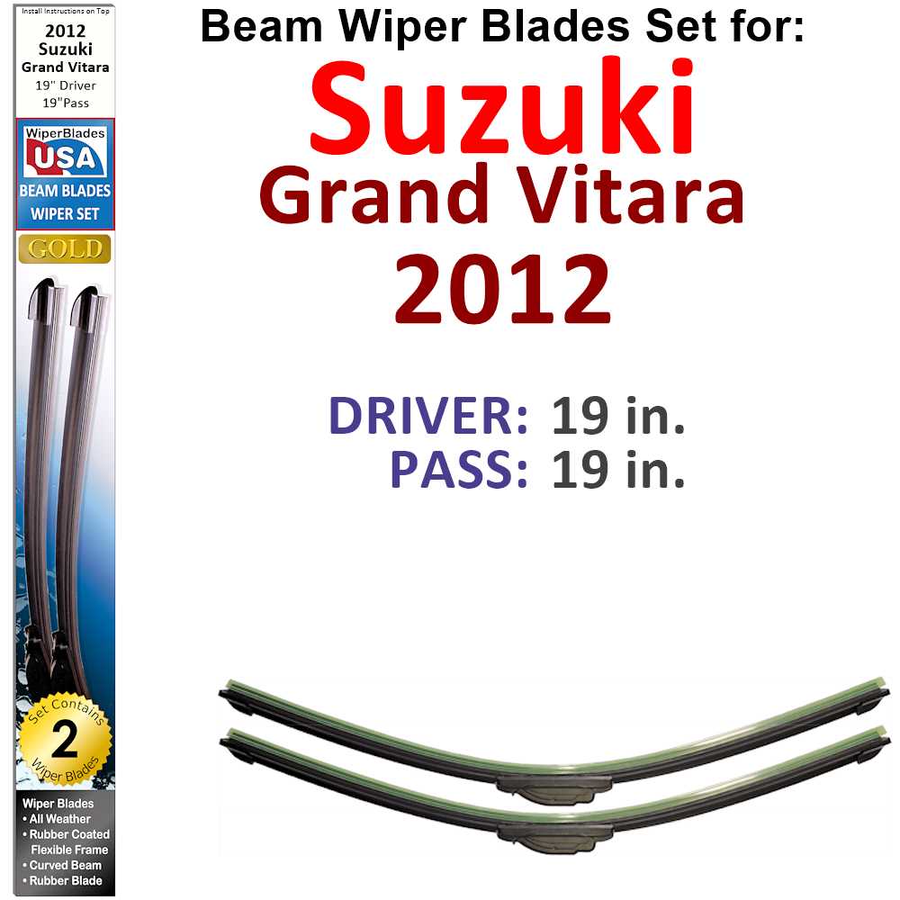 Set of two Beam Wiper Blades designed for 2012 Suzuki Grand Vitara, showcasing their flexible and durable construction.