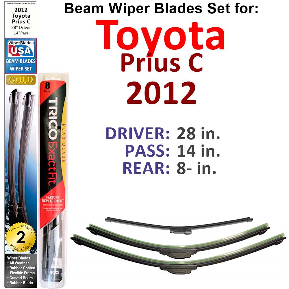 Set of 3 Beam Wiper Blades designed for 2012 Toyota Prius C, showcasing their flexible and durable construction.