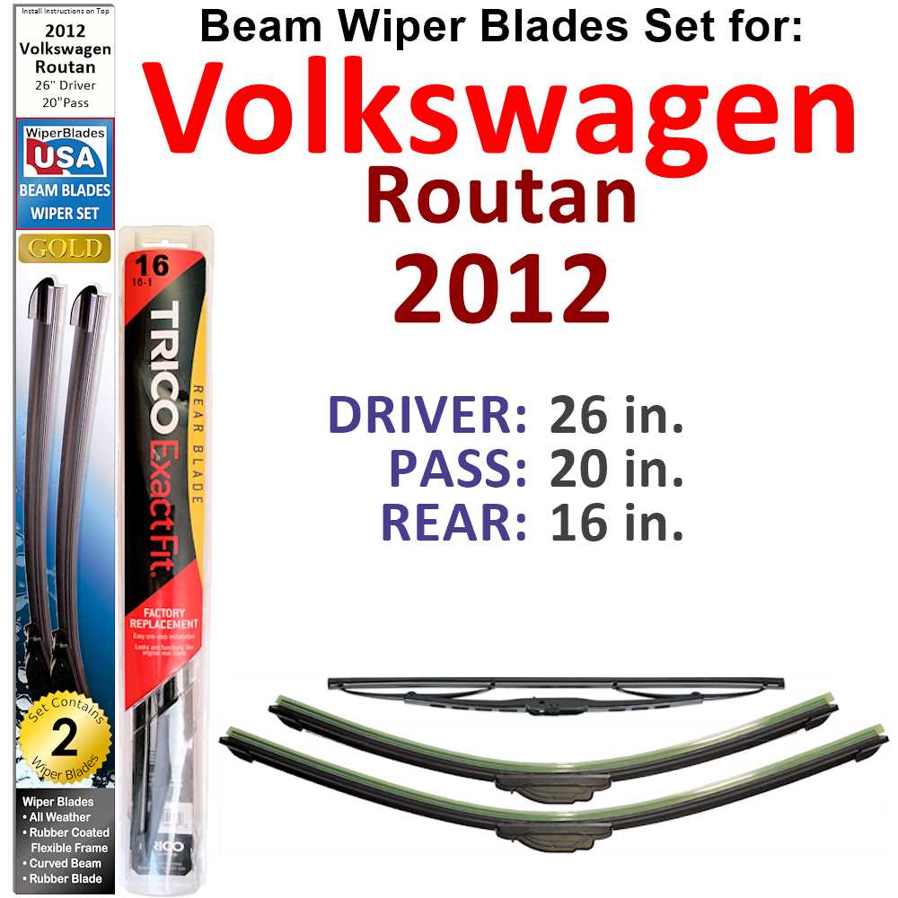 Set of 3 Beam Wiper Blades designed for 2012 Volkswagen Routan, showcasing their flexible and durable construction.