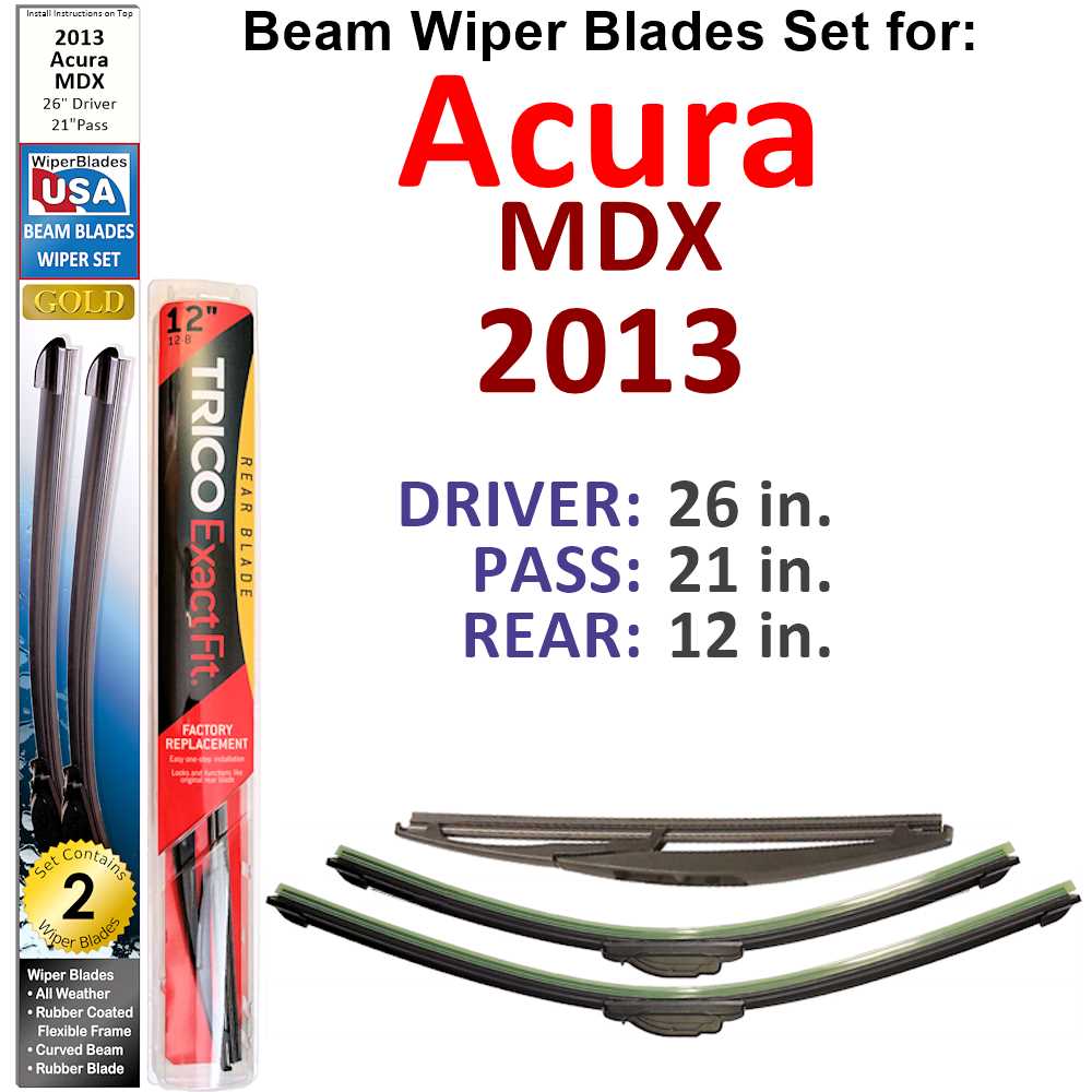 Set of 3 Beam Wiper Blades designed for 2013 Acura MDX, showcasing their flexible and sealed design for optimal performance.