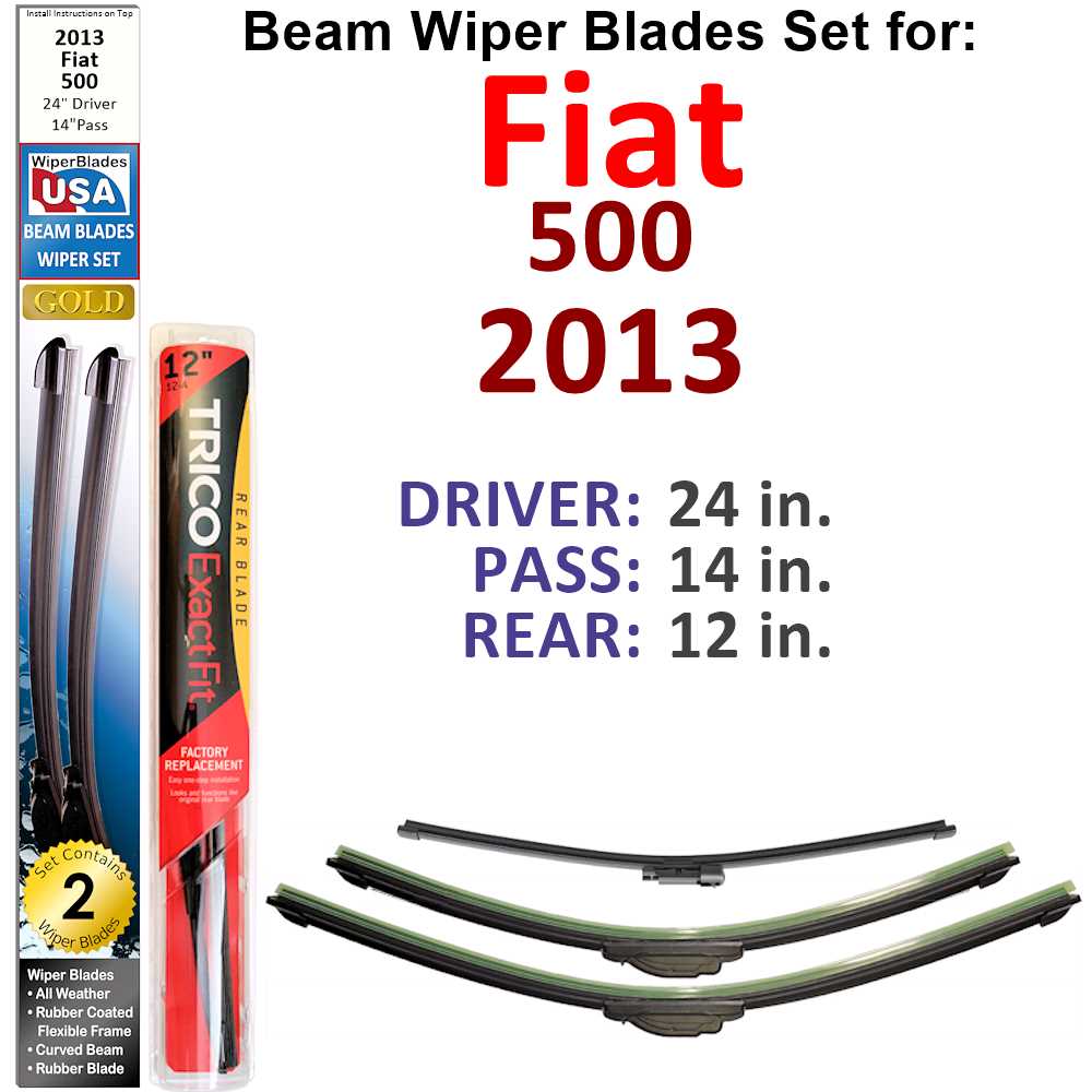 Set of three Beam Wiper Blades designed for 2013 Fiat 500, showcasing their flexible and durable construction.