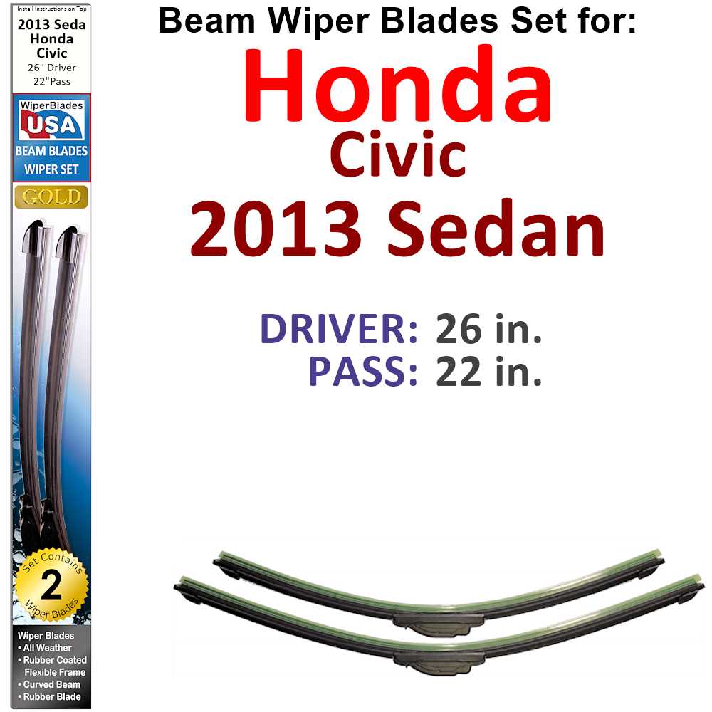 Set of two Beam Wiper Blades designed for 2013 Honda Civic Sedan, showcasing their flexible and durable construction.