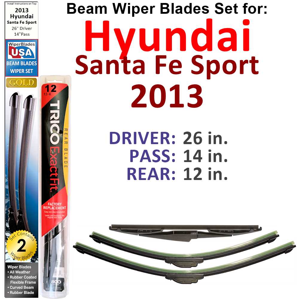 Set of 3 Beam Wiper Blades designed for 2013 Hyundai Santa Fe Sport, showcasing their flexible and durable construction.