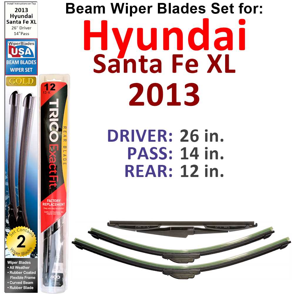 Set of 3 Beam Wiper Blades designed for 2013 Hyundai Santa Fe XL, showcasing their flexible design and durable rubber construction.