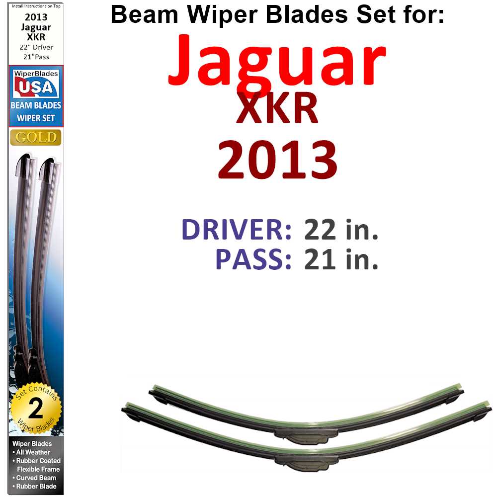 Set of 2 Beam Wiper Blades designed for 2013 Jaguar XKR, showcasing their flexible and durable construction.