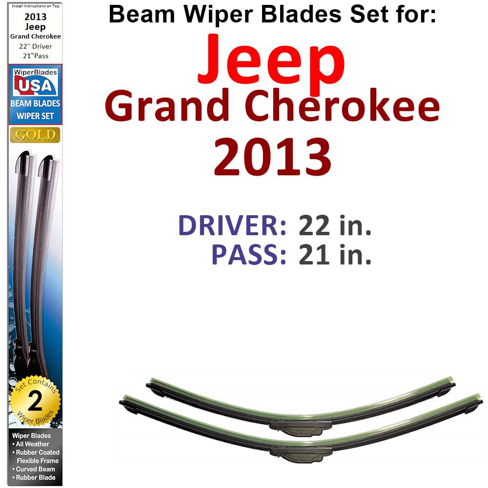 Set of two Beam Wiper Blades designed for 2013 Jeep Grand Cherokee, showcasing their flexible and durable design.