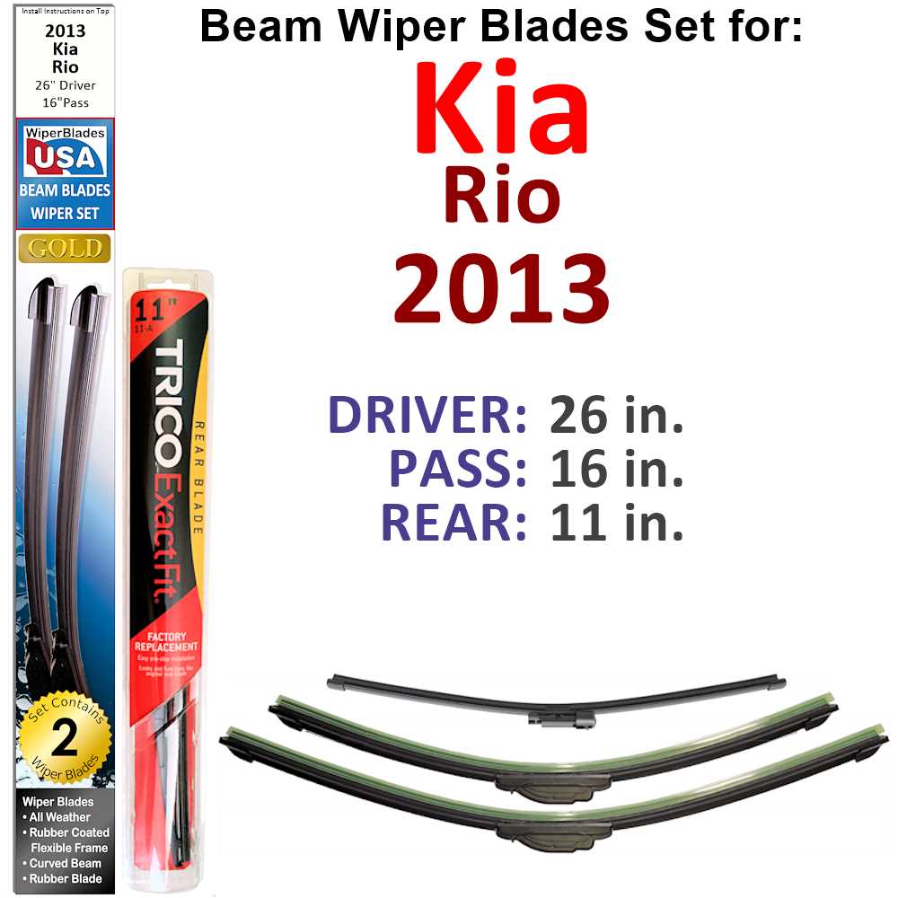 Set of 3 Beam Wiper Blades designed for 2013 Kia Rio, showcasing their flexible and durable construction.