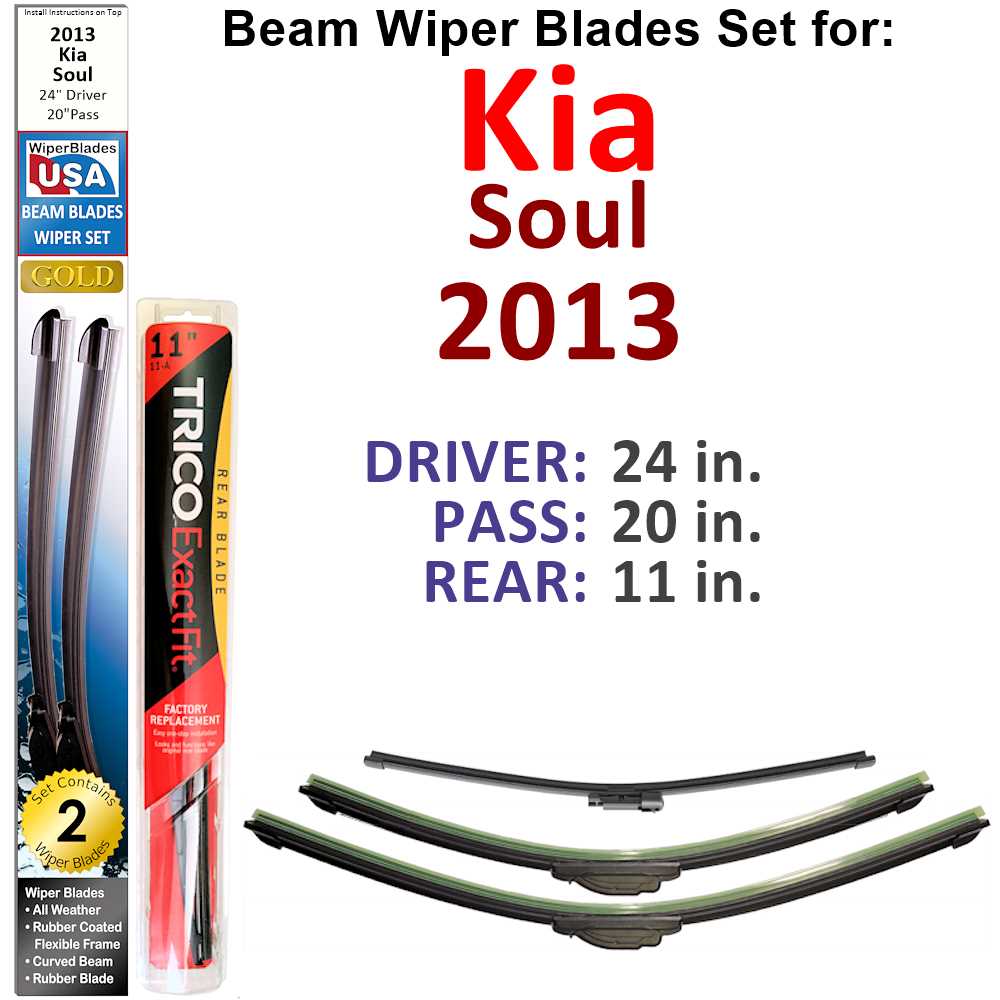 Set of 3 Beam Wiper Blades designed for 2013 Kia Soul, showcasing their flexible and durable construction.