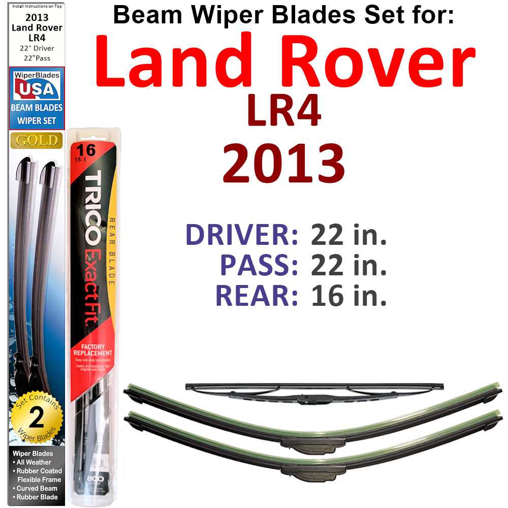 Set of 3 Beam Wiper Blades designed for 2013 Land Rover LR4, showcasing their flexible and durable construction.