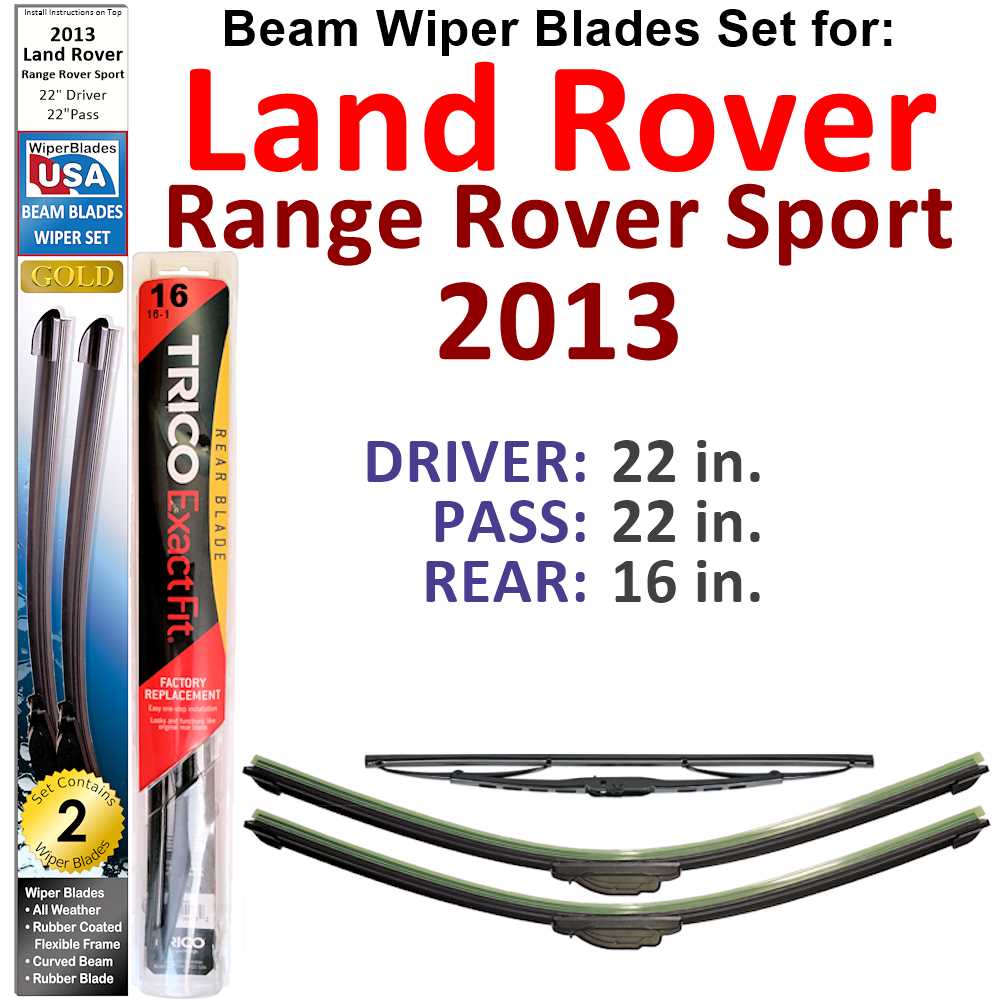 Set of 3 Beam Wiper Blades designed for 2013 Land Rover Range Rover Sport, showcasing their flexible and durable construction.