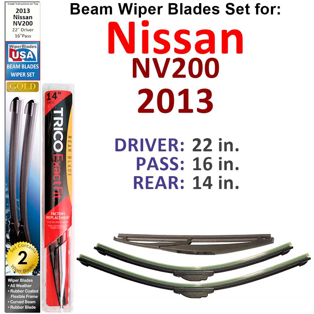 Set of 3 Beam Wiper Blades designed for 2013 Nissan NV200, showcasing their flexible and durable construction.