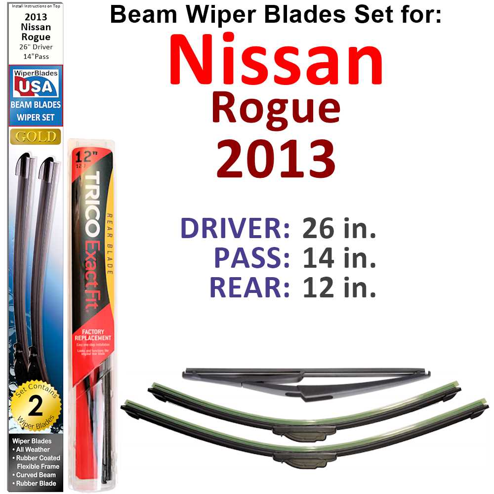 Set of 3 Beam Wiper Blades for 2013 Nissan Rogue, showcasing their flexible design and rubber-encased metal spine.