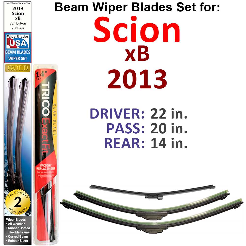 Set of 3 Beam Wiper Blades designed for 2013 Scion xB, showcasing their flexible and durable construction.