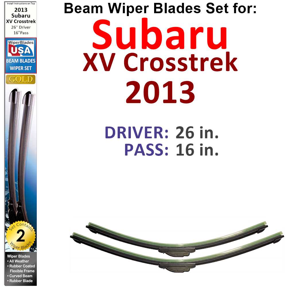 Set of two Beam Wiper Blades designed for 2013 Subaru XV Crosstrek, showcasing their flexible beam structure and rubber-encased metal spine.